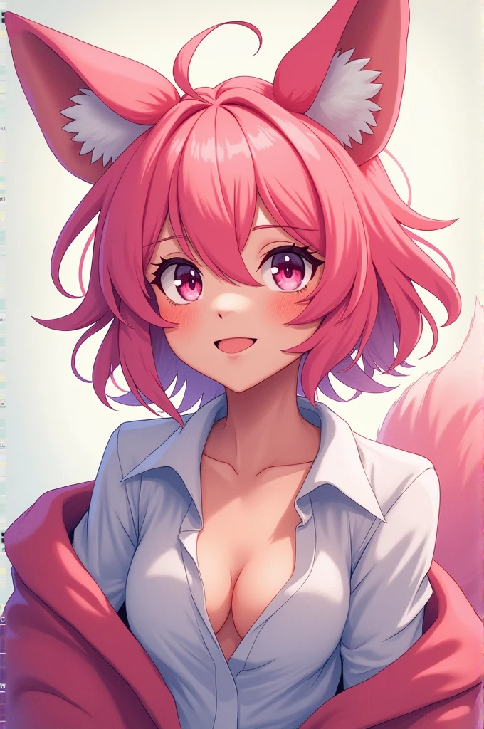 18 year old girl, short hair, pink fur, Open shirt