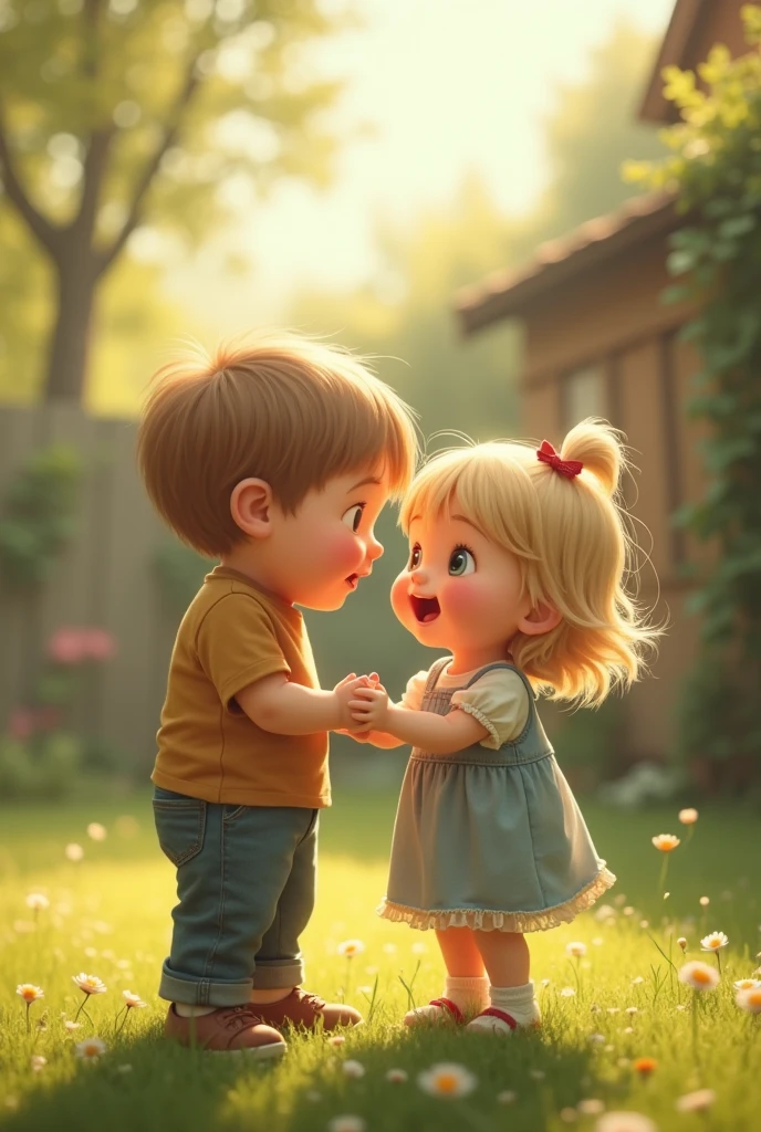 Childhood photo of a chubby little boy with a little blonde girl playing 