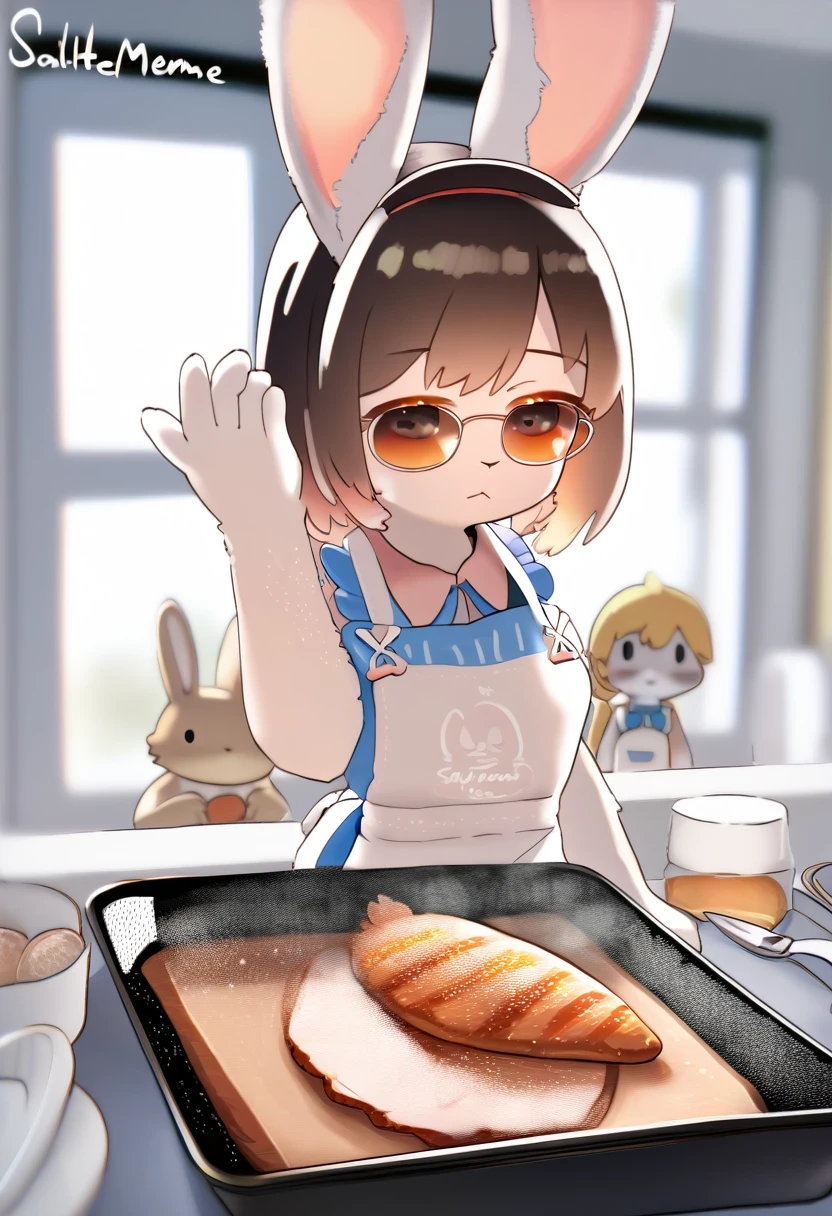 ((Masterpiece)), ((Best Quality)), (Very Detailed), ((Very Detailed)), 4K, (8K), very aesthetic, absurdres highres, 1 girl, (anthropomorphic Rabbit, furry, kemono:1.5), SaltBaeMeme, salt, sunglasses kitchen, apron, food, chicken meat,