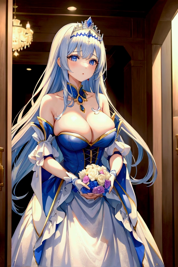 Highest quality, masterpiece, Ultra-high resolution, female、Big Breasts、princess、実はふしだらなfemale、Clean-cut features、dress、tiara、dressのしたに固定バイブが装着されている、I am holding back sexual desire、A crowded hall