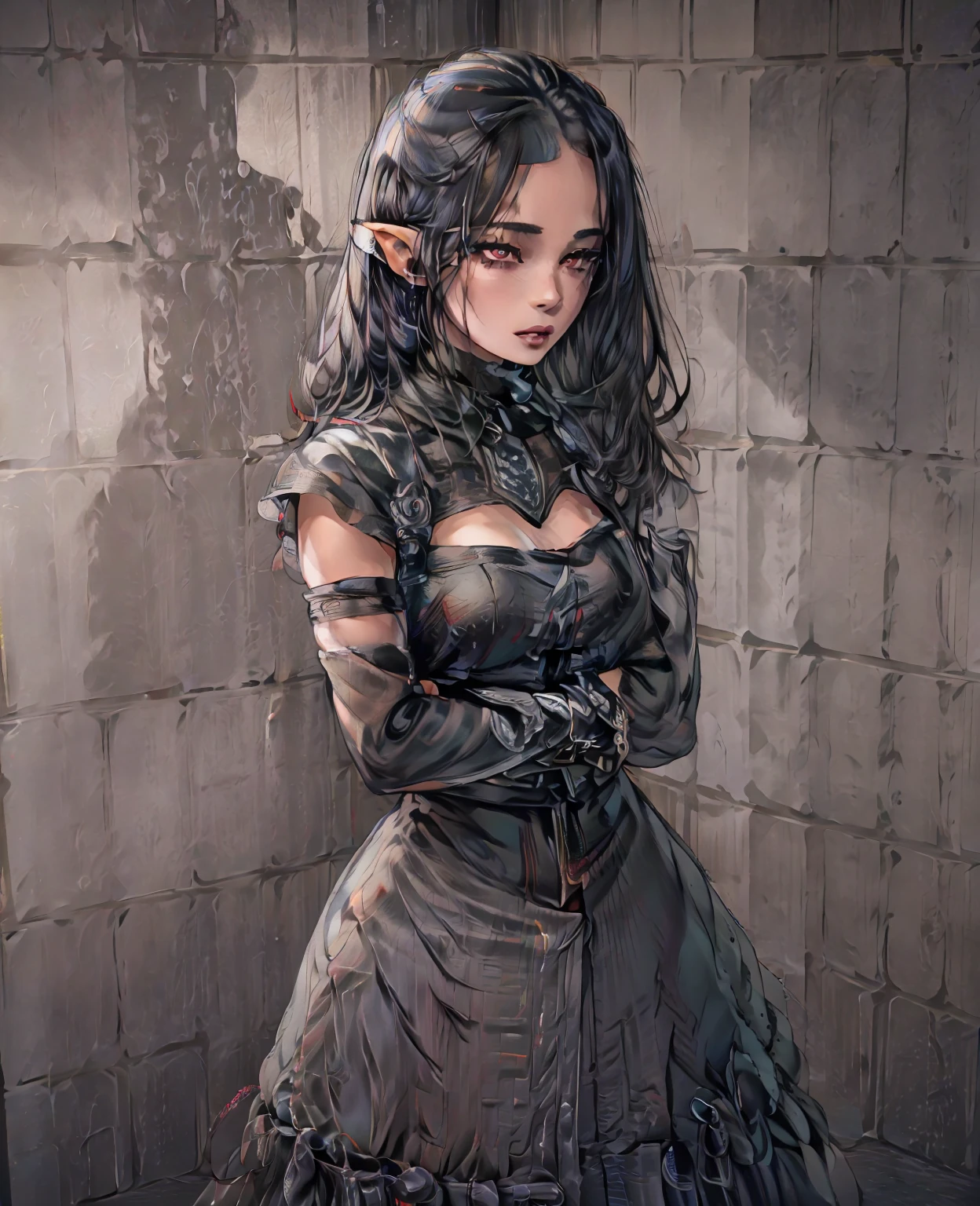 a devilish woman with beautiful detailed eyes, beautiful detailed lips, extremely detailed face and skin, long eyelashes, pale skin, red eyes, black hair, wearing an elf-like costume, in a dark and mysterious setting, cinematic lighting, dramatic shadows, moody atmosphere, gothic, fantasy, (best quality,4k,8k,highres,masterpiece:1.2),ultra-detailed,(realistic,photorealistic,photo-realistic:1.37)