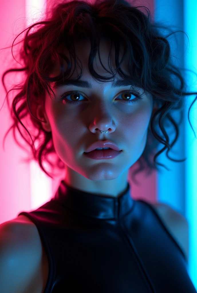 mixed man, ambiguous gender, feminine looking man, young, naked, very curly hair, septum piercing, dimples, dominant expression, black latex bodysuit, neon lights, close-up, UHD, retina, masterpiece, accurate, anatomically correct, textured skin, super detail, high details, high quality, award winning, best quality, highres