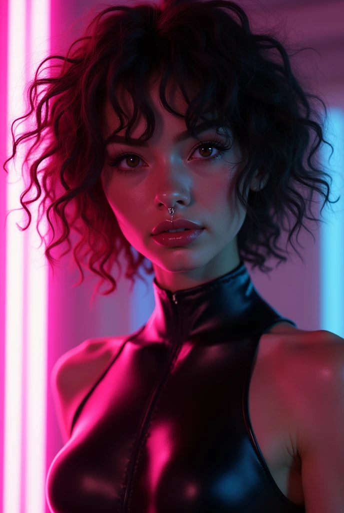 mixed man, ambiguous gender, feminine looking man, young, naked, very curly hair, septum piercing, dimples, dominant expression, black latex bodysuit, neon lights, close-up, UHD, retina, masterpiece, accurate, anatomically correct, textured skin, super detail, high details, high quality, award winning, best quality, highres