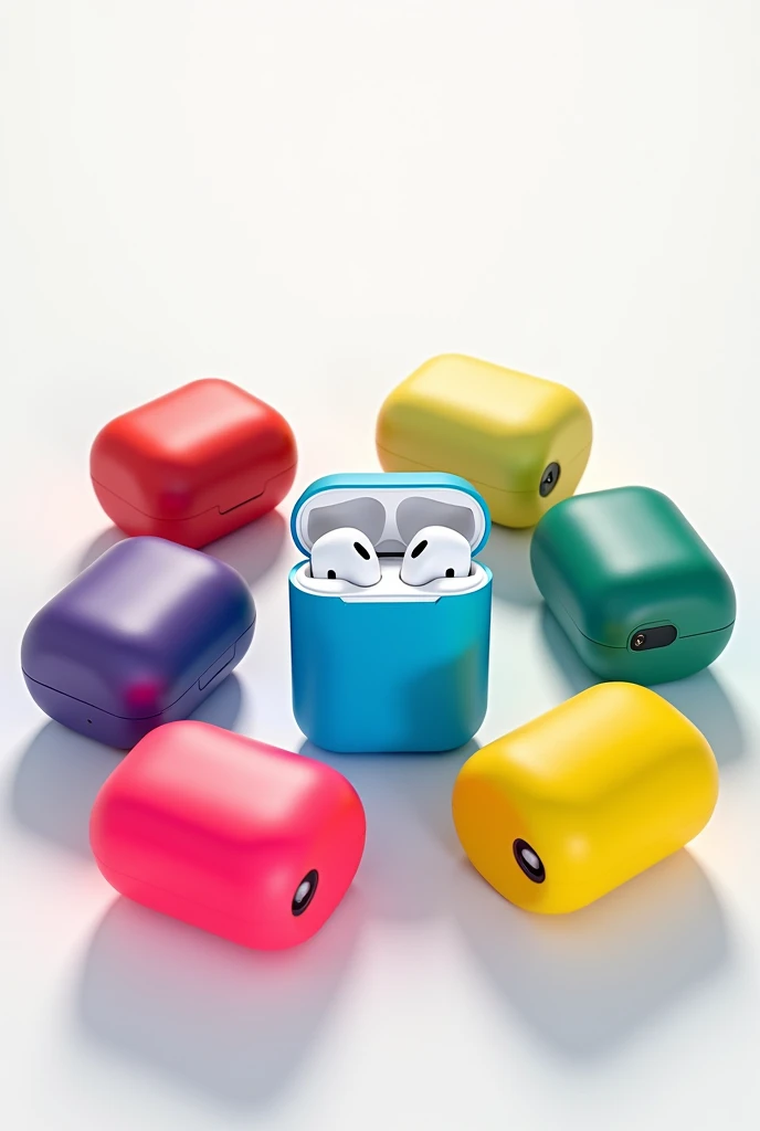 Create an advertising image for eye-catching AirPods in different colors
