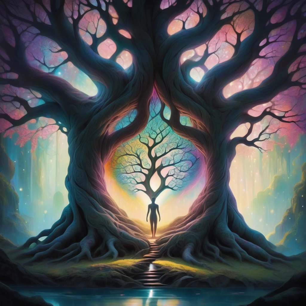 A captivating portrait features a figure in a serene meditation pose, nestled within the embrace of a massive tree. The figure is surrounded by an ethereal environment where the tree's leaves are intricately shaped like fractal DNA strands, glowing softly with life. The figure's eyes, set within love symbols, radiate calmness, reflecting an inner peace that resonates outward in waves and rays, visually depicting heart resonance.
The scene is bathed in neon and psychedelic colors, merging reality with a dreamlike atmosphere. The artwork combines elements of woodcut print style, impressionism, and naive art, layered with an anime-style influence that adds a touch of whimsy. Quilling features add texture and depth, giving the scene a tactile quality.
The background is a mix of bokeh effects, where light softly blurs and sparkles, creating a magical ambiance. Double exposure techniques blend the figure with the tree, further uniting them in this surreal, spiritual space. The shadows cast by the tree and figure add depth, while the overall composition vibrates with an energy that’s both peaceful and otherworldly, encapsulating a moment of transcendence in vibrant, intricate detail.