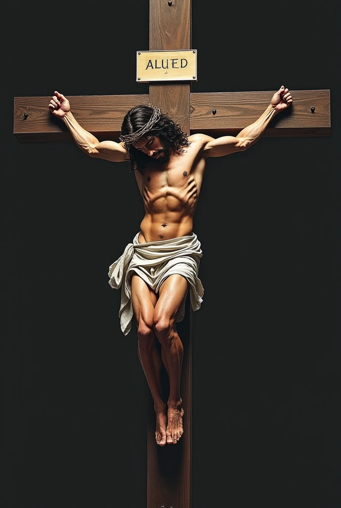 Create an image of Jesus Christ on the cross with a highly muscular and defined body, symbolizing strength. He wears a crown of thorns, and his expression shows deep resolve and sacrifice. The design should draw a parallel between the crucifixion and the exercise known as the 'crucifix' in the gym, emphasizing the idea of 'the heaviest crucifix ever made.' The background should be minimalistic, focusing on the figure of Jesus, with subtle references to gym elements, like weights or a barbell, to reinforce the connection