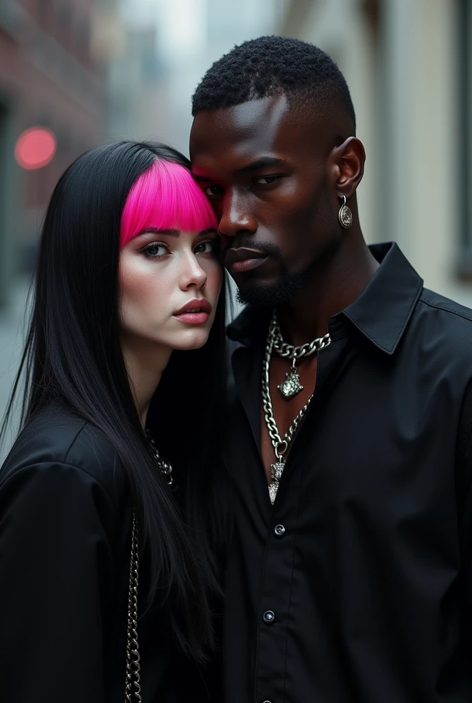E-girl with a black coat, straight hair with pink bangs, a little red, with the rest of her hair black, and a dark-skinned man with short hair shaved on the side, with a thick cord, with a black blouse