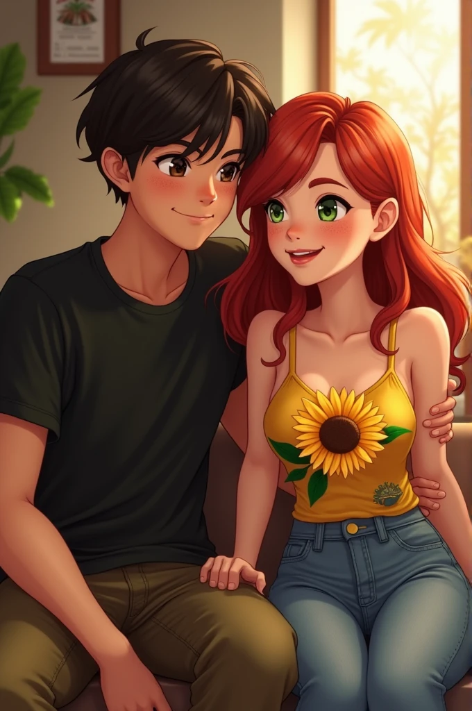 A young man with dark hair and olive skin, dressed in a black shirt and black cargo pants, is sitting next to his friend. The friend has red hair and green eyes, with details like a sunflower on her outfit and fair skin with some brown freckles. Both are dressed in casual clothes, but the young woman uses a more coquette style. The setting is a welcoming and relaxed environment."