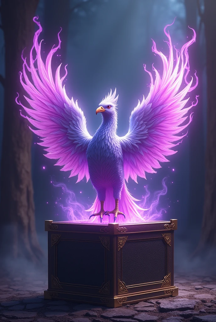 A phoenix in purple flames coming out of a box