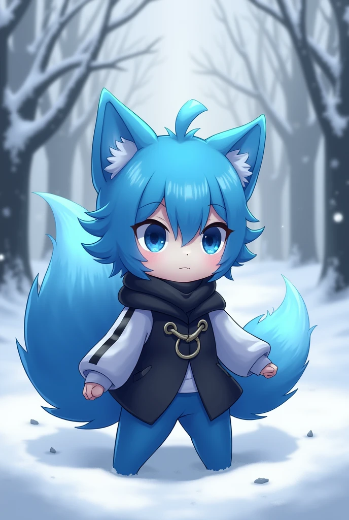 anime,Change ,Whole body, by the wide, blue fur, blue eyes, black and white clothes, small stature snowy place background