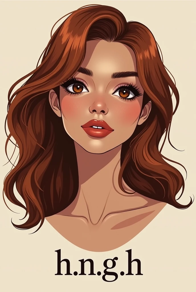 A logo of a 19 year old redhead brunette girl, pretty eyebrows, straight teeth, thin lips, long nails, brown skin, dark brown eyes,with black eyeliner, that has initials below, estas iniciales h.n.g.h.