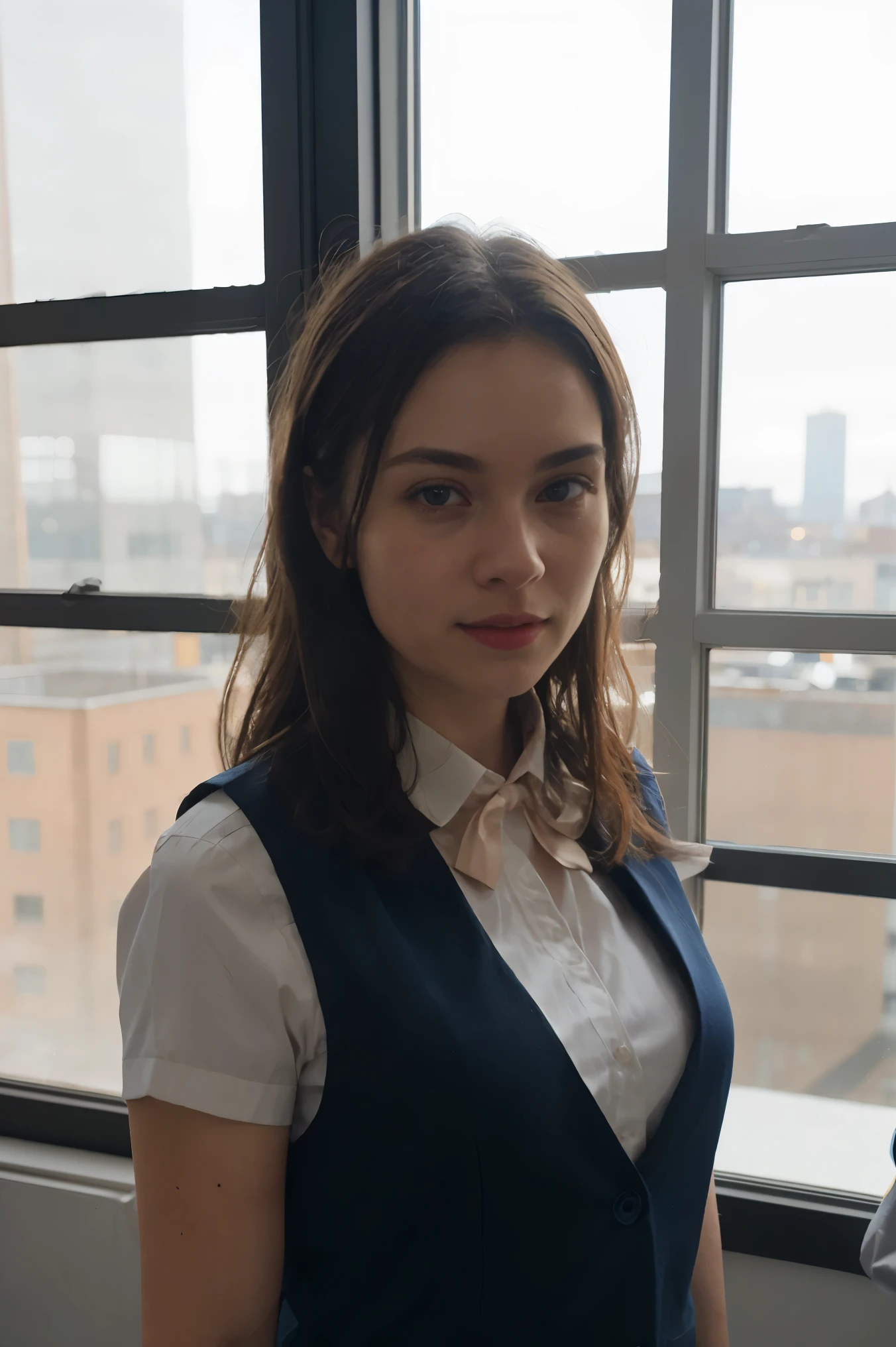 1 girl, mature woman, vest, bow, Photo, realist, Best Quality, Hiring, detailed face, Office, buildings from the window, detailed background, diffuse sunlight, depth of field, bokeh