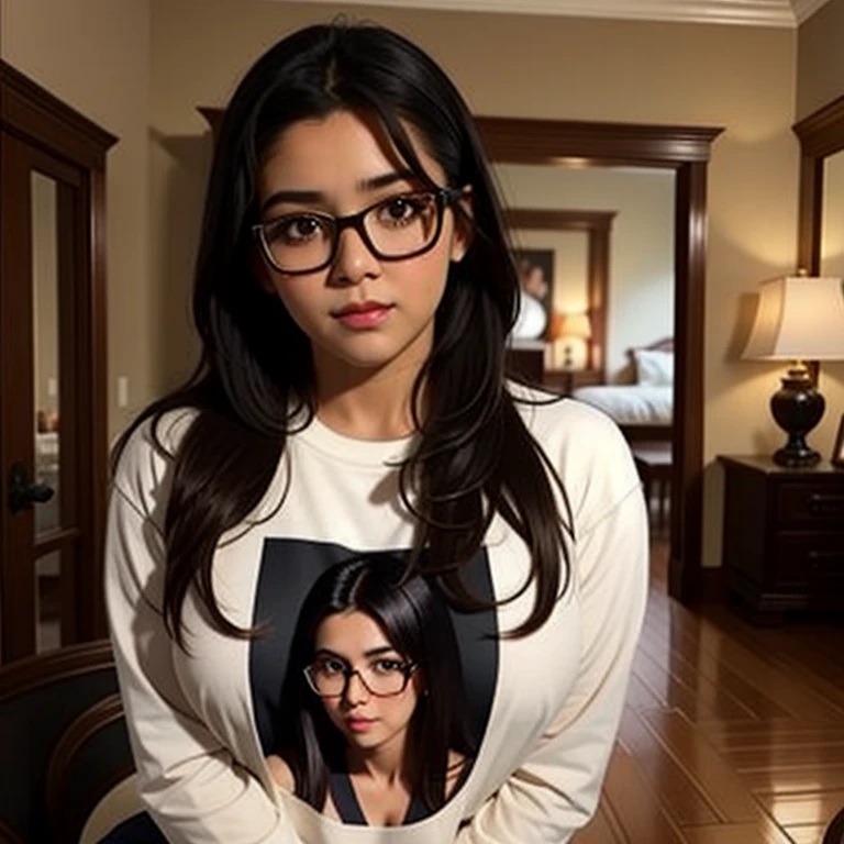 (Close-up of the painting style,Ultra HD 8K,Masterpiece grade CG wallpaper), cute young girl, (), Malaysian, wear glasses, chubby chick, sitting on bed