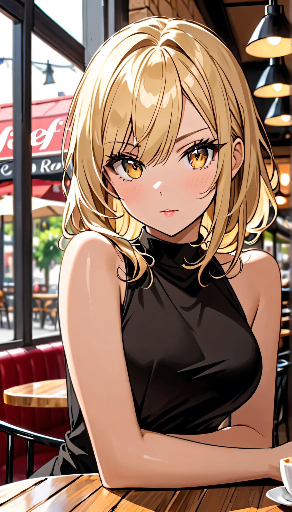 Beautiful and blond, cafe, wearing black, free arms, looking seductively at the viewer