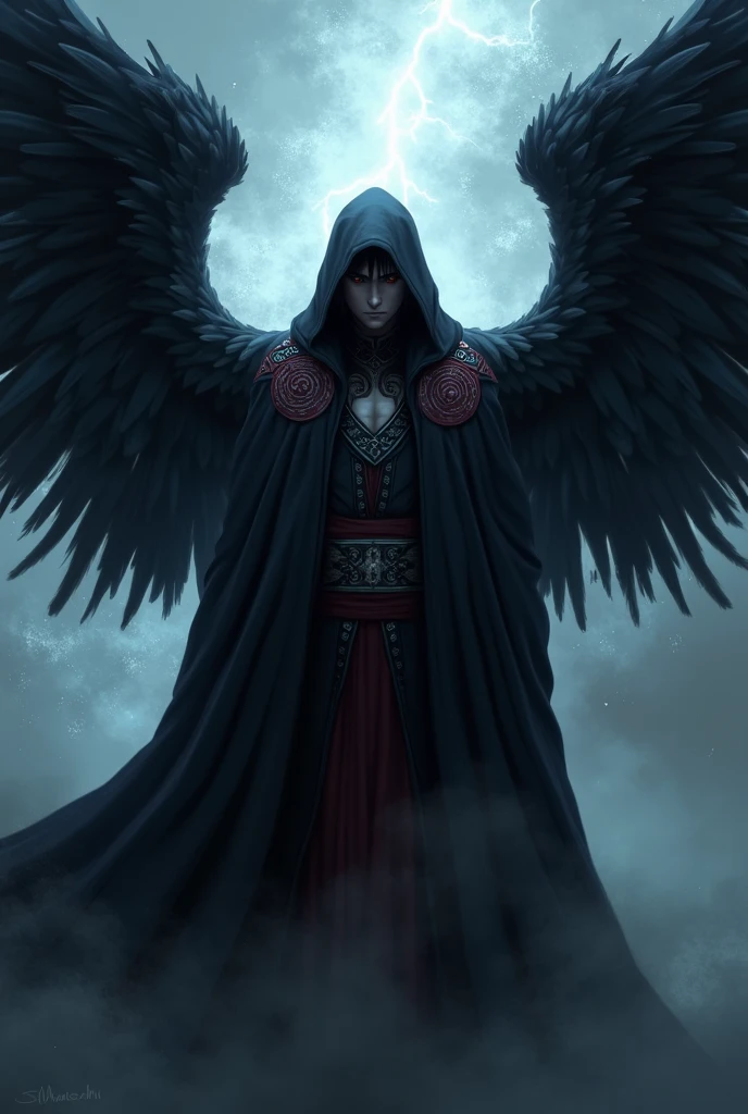 Madara Uchiha warrior with wings and a dark aura and a hood