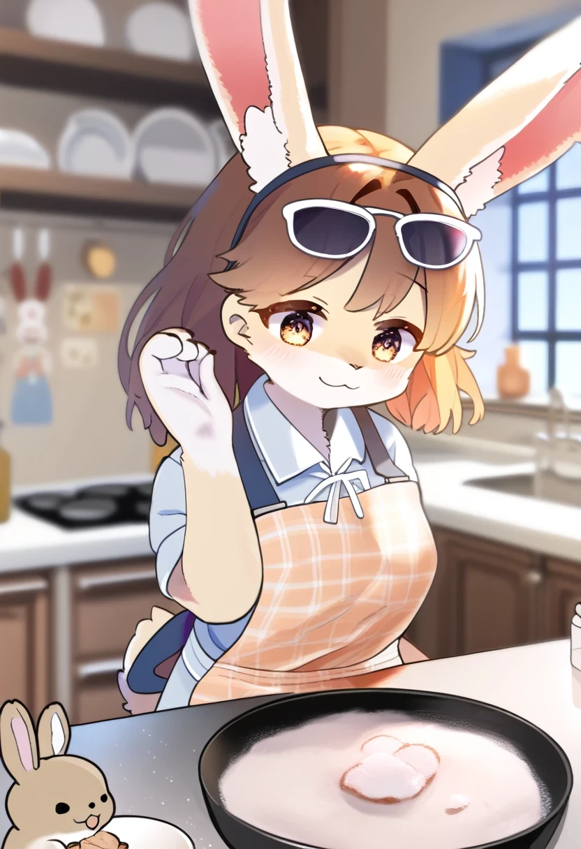 ((Masterpiece)), ((Best Quality)), (Very Detailed), ((Very Detailed)), 4K, (8K), very aesthetic, absurdres highres, 1 girl, (anthropomorphic Rabbit, furry, kemono:1.5), SaltBaeMeme, salt, sunglasses kitchen, apron, food