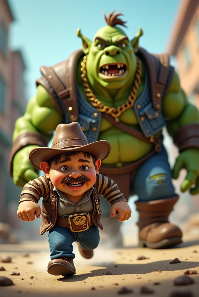 A very small, fat, bald dwarf with a cowboy hat, a jean suit, a small brown mustache and a gold chain. He was with his friend Sherek, a green ogre in jean suit. They were both running and sweating.