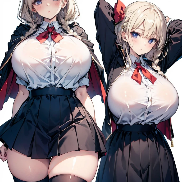 Anime Kawaii sexy Perfect Slim sensual body large breast and huge thighs, An intricate and highly detailed illustration of anime (Young girl) 1 girl, light hair, darker eyes, Solid eyes, blank stare, shorth hair, two braids, breasts big, school clothes, white collar, jaket, cape, overskirt, knee socks, no expression, no back ground, white background