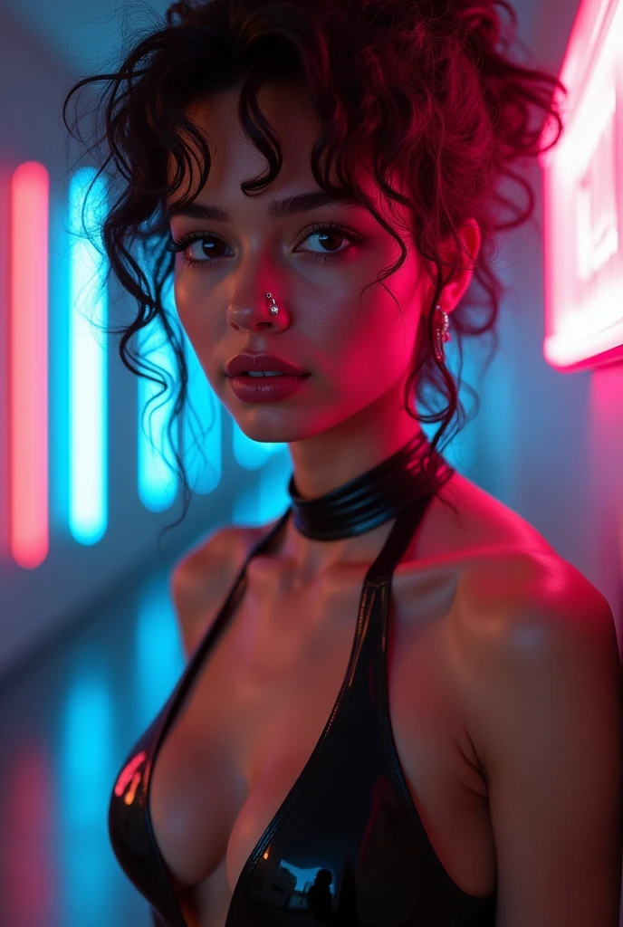 mixed race man, ambiguous gender, feminine looking man, young, naked, very curly hair, septum piercing, dimples, dominant expression, black latex bodysuit, neon lights, close-up, UHD, retina, masterpiece, accurate, anatomically correct, textured skin, super detail, high details, high quality, award winning, best quality, highres
