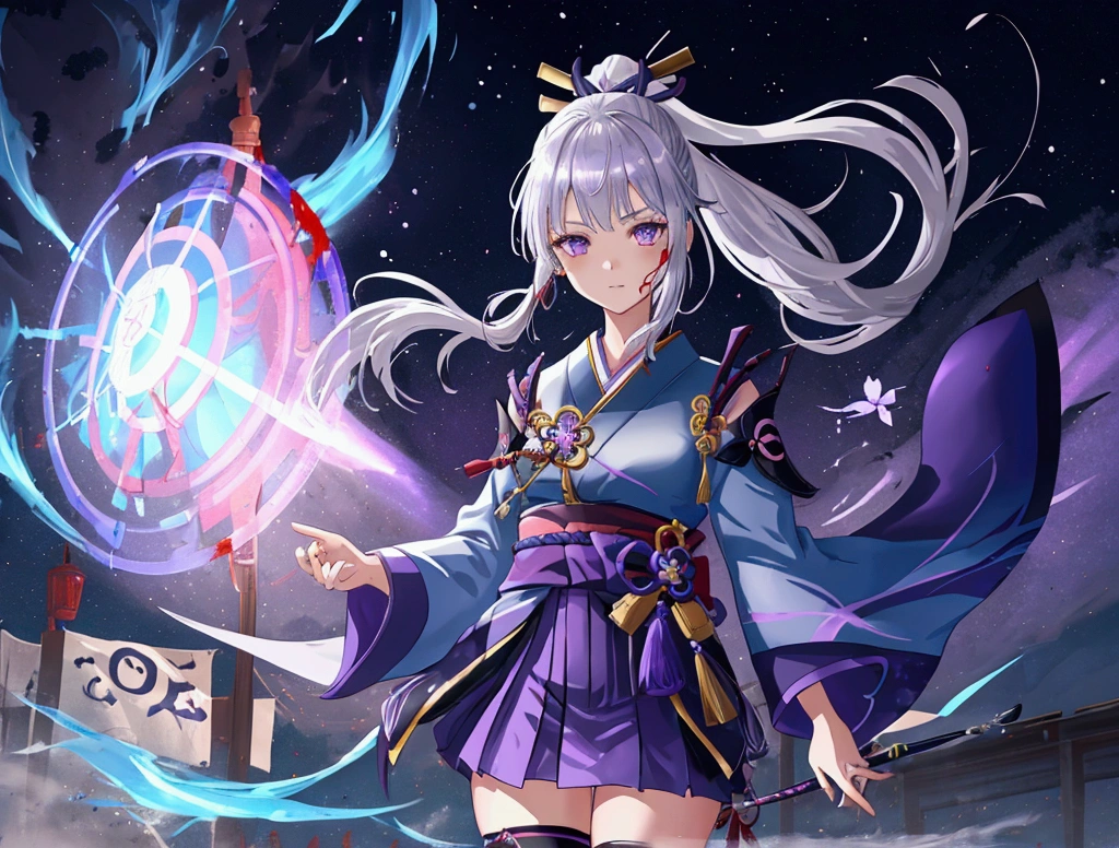 One girl, kimono, ponytail ,Gray Hair, Purple eyes, magic circle, Blue Fire, Blue Flame, wallpaper, landscape, Blood, Blood splatter, Depth of written boundary, night, Particles of light, light, Side light, Thighs, destiny \(series\), Genshin Impact, ****, Open jacket, skirt, Knee socks, cloud