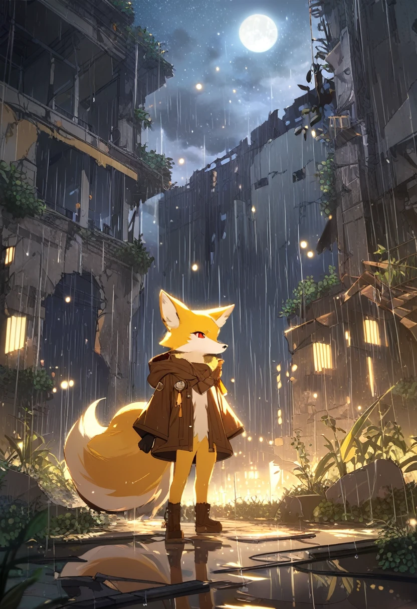 masterpiece, best quality, 4K,Ultra-delicate, Shota the fox, solo, Skin fur, Golden fur, Golden yellow face fur, Red eyes, Brown elements on fur, Brown coat brown hood up, Beautiful lights and shadows, Ambient light, Ultra-fine fur, natural lighting, Fluffy tail, Dilapidated building, Plant elements in ruins, Night, starry sky, Shiny hair(moon full, meteors)Star cloud, Warm light source, Rained, wet clothes(overcast sky, Standing downpour)Extra-long sleeves, Purple and orange, Complicated details, Volumetric lighting, Dynamic configuration, luminous lighting, Atmospheric lighting, dream magical, magic, Glowing light,
