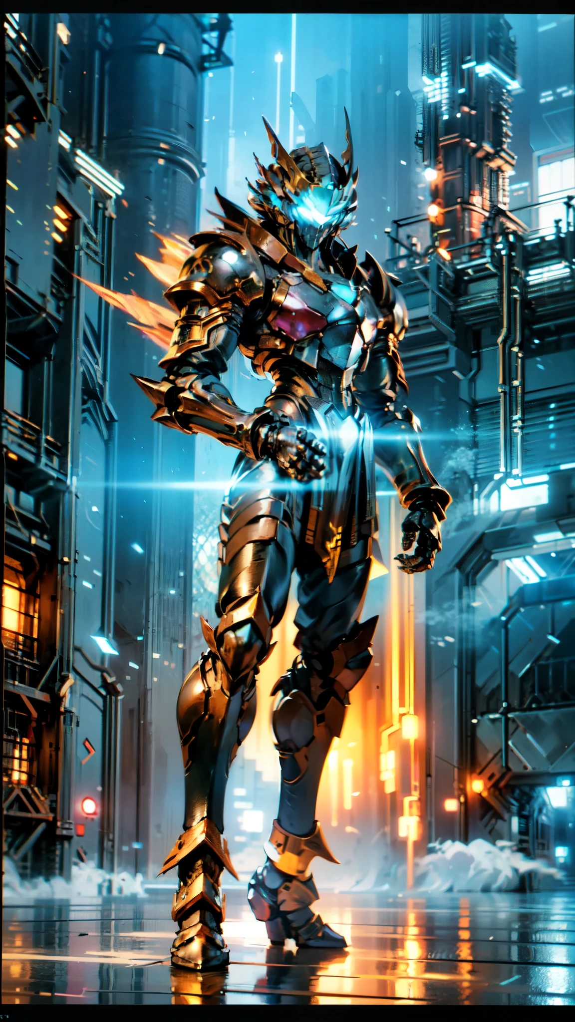 (masterpiece:1.5, best quality:1.5, extremely delicate:1.5), a man wearing a full-face helmet, a fantasy-style biotech armored combat suit, green eyes, (a composite layered chest armor), fully enclosed shoulder guards, matching arm and leg guards, belt of Neon circuit, (the color scheme is primarily blue with red and black accents), the design balances heavy with agility, a high-tech bio-mecha armor, (Armor Concept Inspired by neon Cyberpunk, stand on the top of a skyscraper in a futuristic sci-fi city), this character embodies a finely crafted fantasy-surreal style armored hero in anime style, exquisite and mature manga art style, (element, plasma, energy, the armor glows), ((male:1.5)), metallic, high definition, highres, ultra-detailed, ultra-fine painting, professional, perfect body proportions, golden ratio, anatomically correct, symmetrical face, extremely detailed eyes and face, high quality eyes, creativity, RAW photo, UHD, 32k, Natural light, cinematic lighting, masterpiece-anatomy-perfect