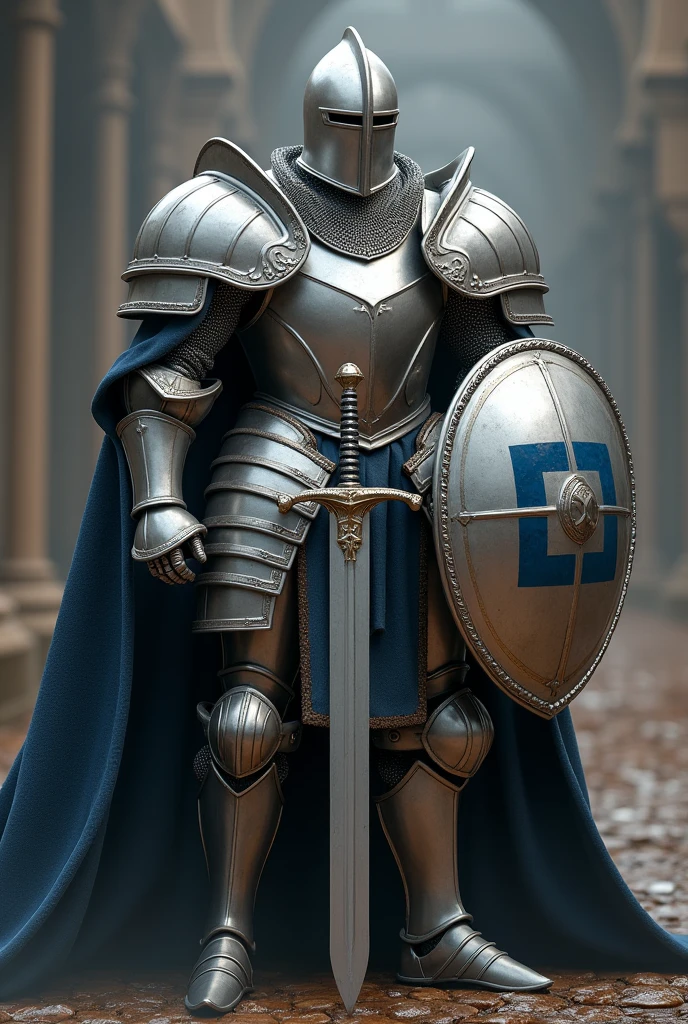 A renowned knight, a large man in shining silver armor and a sword. 2 meters tall and broad shouldered, its shield is circular and has a square ball painted in the middle 