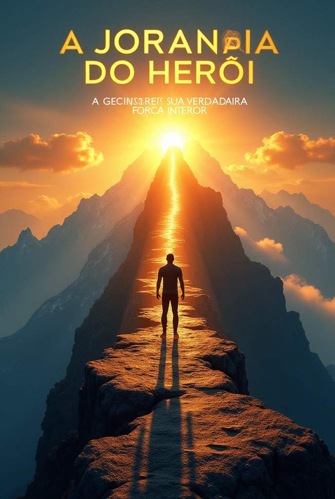 A book cover design for 'A Jornada do Herói: Encontre Sua Verdadeira Força Interior'. The cover should depict a heroic figure standing at the base of a mountain, looking up at the peak with determination. The path to the top is illuminated by a bright, rising sun, symbolizing the journey to discover one's inner strength. The colors should be bold and inspiring, with shades of gold, orange, and deep blue, reflecting the epic nature of personal growth."