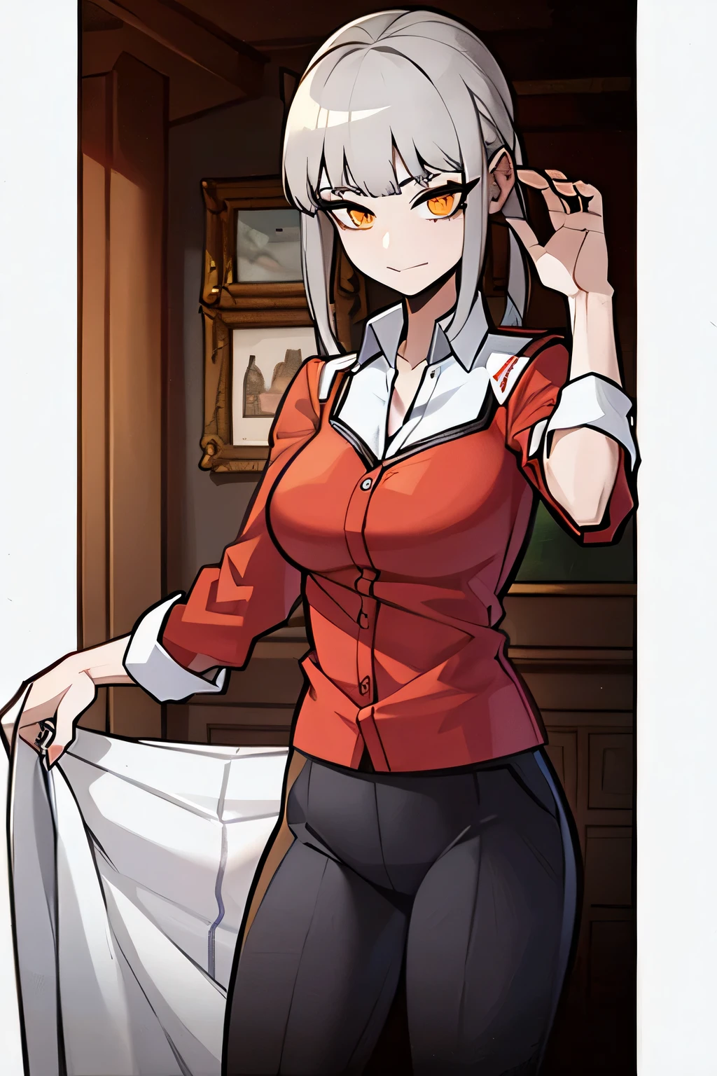 Gray hair with red wolf cut on the inside　170cm British　Schoolgirl in uniform　Cool