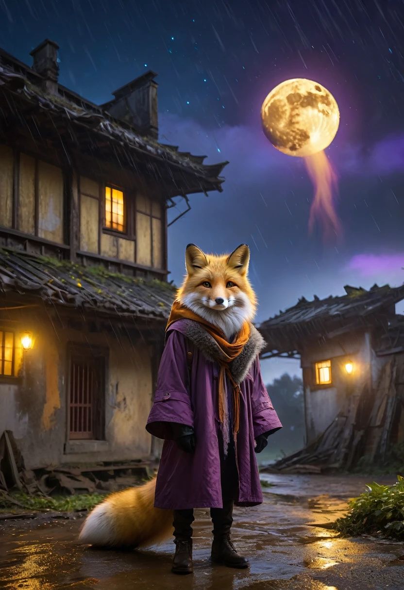 masterpiece, best quality, 4K,Ultra-delicate, Shota the fox, solo, Skin fur, Golden fur, Golden yellow face fur, Red eyes, Brown elements on fur, Brown coat brown hood up, Beautiful lights and shadows, Ambient light, Ultra-fine fur, natural lighting, Fluffy tail, Dilapidated building, Plant elements in ruins, Night, starry sky, Shiny hair(moon full, meteors)Star cloud, Warm light source, Rained, wet clothes(overcast sky, Standing downpour)Extra-long sleeves, Purple and orange, Complicated details, Volumetric lighting, Dynamic configuration, luminous lighting, Atmospheric lighting, dream magical, magic, Glowing light,