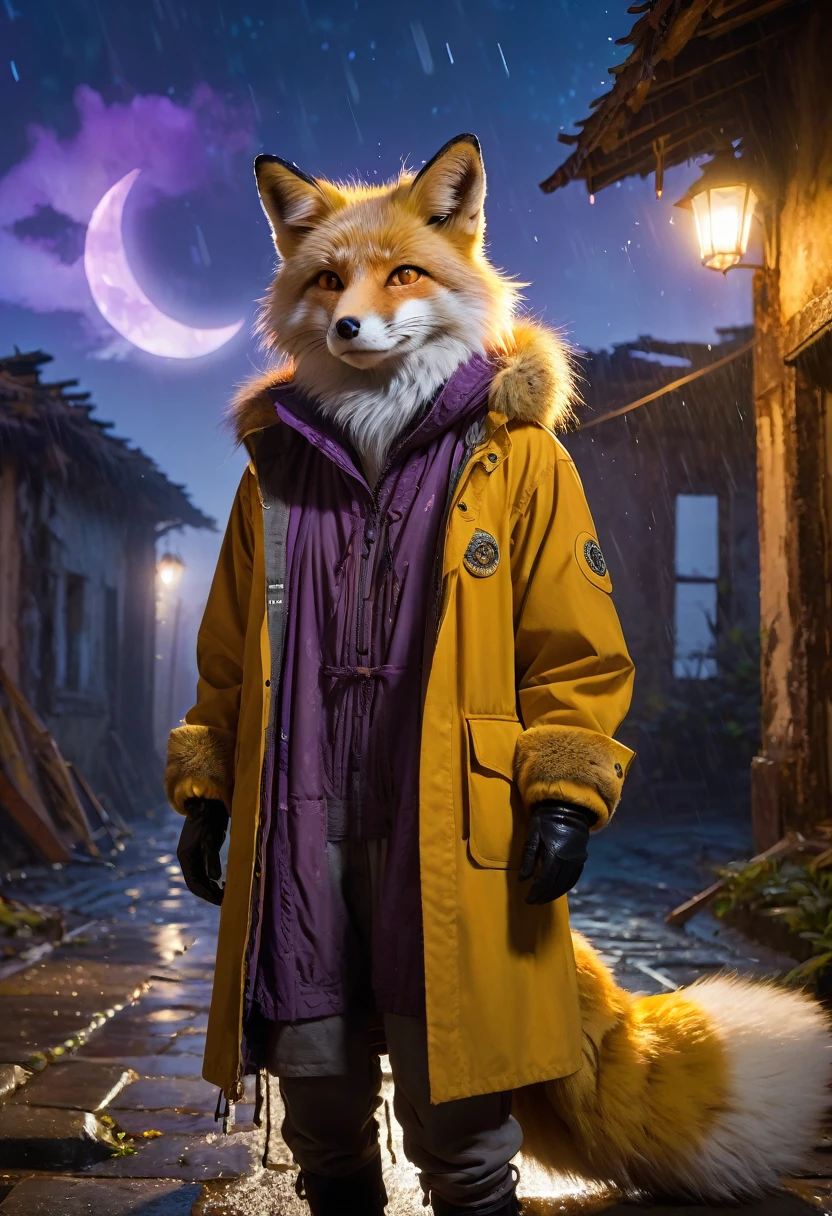 masterpiece, best quality, 4K，Ultra-delicate, Shota the fox, solo, Skin fur, Golden fur, Golden yellow face fur, Red eyes, Brown elements on fur, Brown coat brown hood up, Beautiful lights and shadows, Ambient light, Ultra-fine fur, natural  lighting, Fluffy tail, Dilapidated building, Plant elements in ruins, Night, starry sky, Shiny hair(moon full, meteors)Star cloud, Warm light source, Rained, wet clothes(overcast sky, Standing downpour)Extra-long sleeves, Purple and orange, Complicated details, Volumetric lighting, Dynamic configuration, luminous lighting, Atmospheric lighting, dream magical, magic, Glowing light,