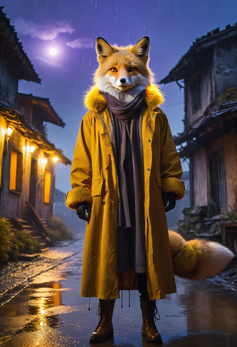 masterpiece, best quality, 4K,Ultra-delicate, Shota the fox, solo, Skin fur, Golden fur, Golden yellow face fur, Red eyes, Brown elements on fur, Brown coat brown hood up, Beautiful lights and shadows, Ambient light, Ultra-fine fur, natural lighting, Fluffy tail, Dilapidated building, Plant elements in ruins, Night, starry sky, Shiny hair(moon full, meteors)Star cloud, Warm light source, Rained, wet clothes(overcast sky, Standing downpour)Extra-long sleeves, Purple and orange, Complicated details, Volumetric lighting, Dynamic configuration, luminous lighting, Atmospheric lighting, dream magical, magic, Glowing light,