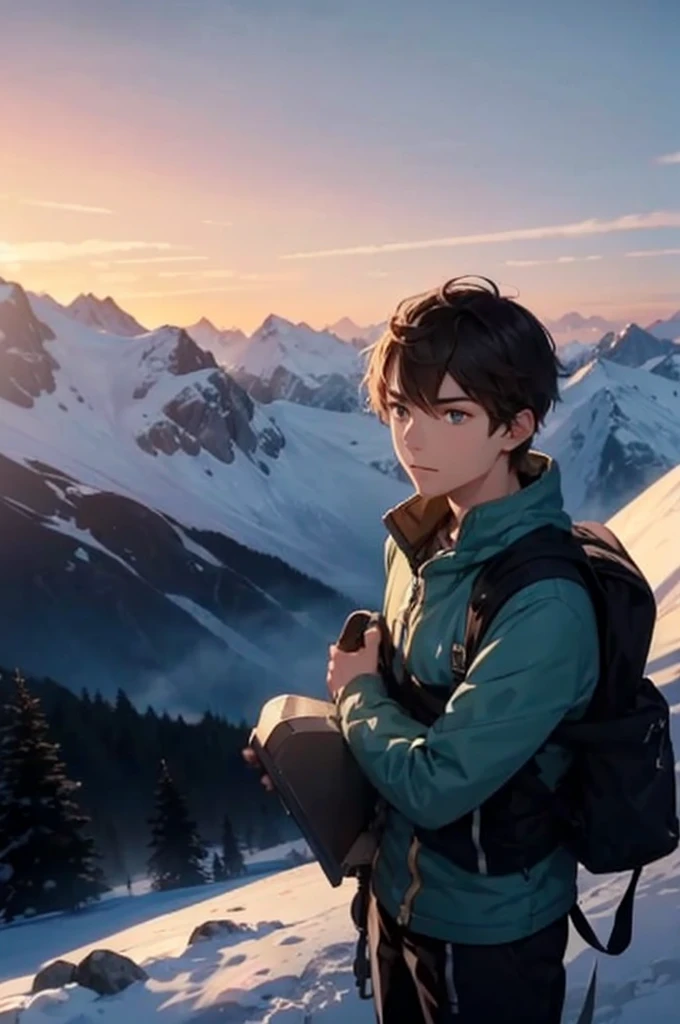 an image of a young man on a mountain with snow-capped peaks and a clear sky at dawn. The man must have fair skin, short brown hair, green eyes, and be dressed in climbing clothing. He must be holding an ice ax with an expression of determination. Use 8k resolution, with realism rendering style. The atmosphere must convey resilience and adventure. The face must be detailed, with lots of details.