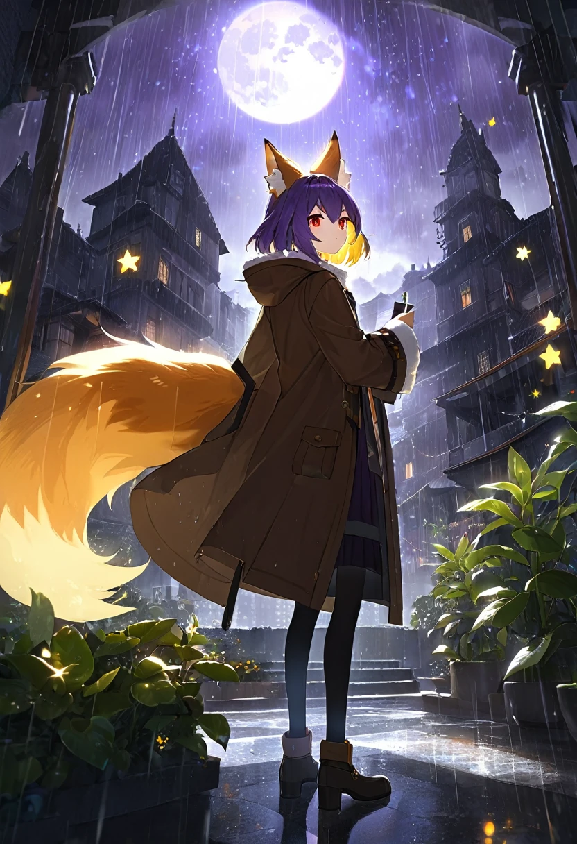 masterpiece, best quality, 4K,Ultra-delicate, Shota the fox, solo, Skin fur, Golden fur, Golden yellow face fur, Red eyes, Brown elements on fur, Brown coat brown hood up, Beautiful lights and shadows, Ambient light, Ultra-fine fur, natural lighting, Fluffy tail, Dilapidated building, Plant elements in ruins, Night, starry sky, Shiny hair(moon full, meteors)Star cloud, Warm light source, Rained, wet clothes(overcast sky, Standing downpour)Extra-long sleeves, Purple and orange, Complicated details, Volumetric lighting, Dynamic configuration, luminous lighting, Atmospheric lighting, dream magical, magic, Glowing light,