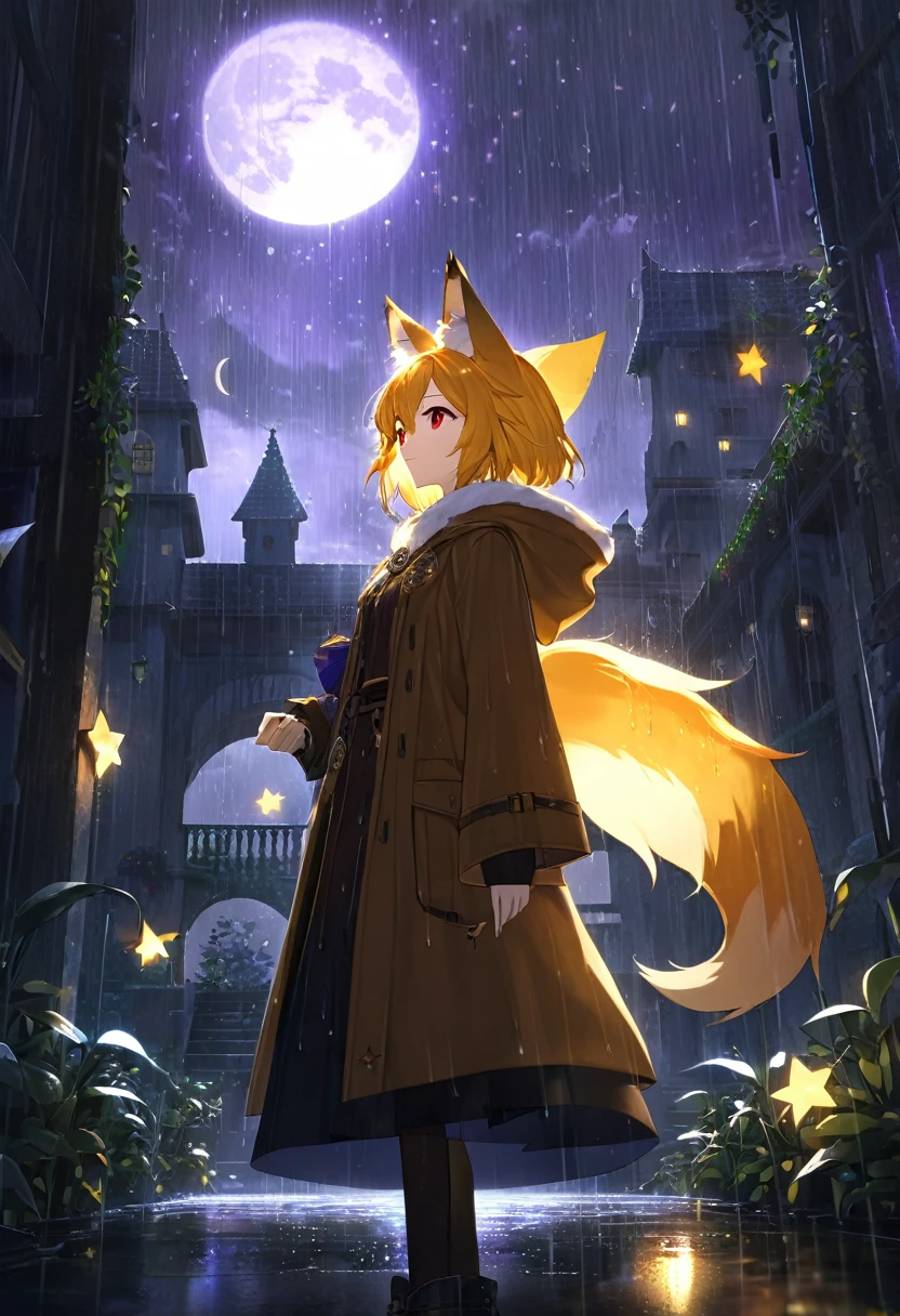 masterpiece, best quality, 4K,Ultra-delicate, Shota the fox, solo, Skin fur, Golden fur, Golden yellow face fur, Red eyes, Brown elements on fur, Brown coat brown hood up, Beautiful lights and shadows, Ambient light, Ultra-fine fur, natural lighting, Fluffy tail, Dilapidated building, Plant elements in ruins, Night, starry sky, Shiny hair(moon full, meteors)Star cloud, Warm light source, Rained, wet clothes(overcast sky, Standing downpour)Extra-long sleeves, Purple and orange, Complicated details, Volumetric lighting, Dynamic configuration, luminous lighting, Atmospheric lighting, dream magical, magic, Glowing light,