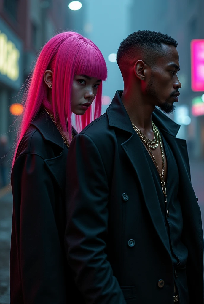 E-girl with a black coat, straight hair with pink bangs, a little red, with the rest of her hair black, and a dark-skinned man with short hair shaved on the side, with a thick cord, with a black blouse