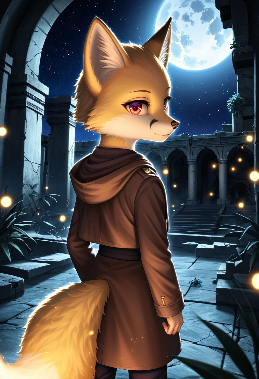 masterpiece, best quality, 4K,Ultra-delicate, Shota the fox, solo, Skin fur, Golden fur, Golden yellow face fur, Red eyes, Brown elements on fur, Brown coat brown hood up, Beautiful lights and shadows, Ambient light, Ultra-fine fur, natural lighting, Fluffy tail, Dilapidated building, Plant elements in ruins, Night, starry sky, Shiny hair(moon full, meteors)Star cloud, Warm light source, Rained, wet clothes(overcast sky, Standing downpour)Extra-long sleeves, Purple and orange, Complicated details, Volumetric lighting, Dynamic configuration, luminous lighting, Atmospheric lighting, dream magical, magic, Glowing light,