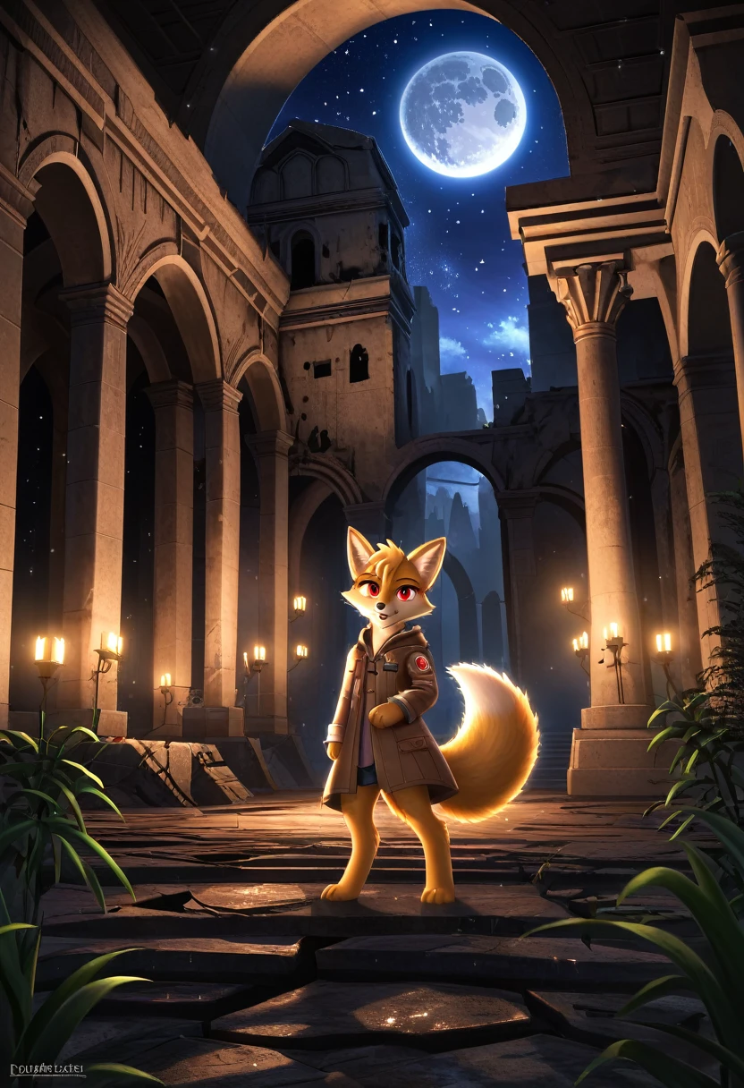 masterpiece, best quality, 4K,Ultra-delicate, Shota the fox, solo, Skin fur, Golden fur, Golden yellow face fur, Red eyes, Brown elements on fur, Brown coat brown hood up, Beautiful lights and shadows, Ambient light, Ultra-fine fur, natural lighting, Fluffy tail, Dilapidated building, Plant elements in ruins, Night, starry sky, Shiny hair(moon full, meteors)Star cloud, Warm light source, Rained, wet clothes(overcast sky, Standing downpour)Extra-long sleeves, Purple and orange, Complicated details, Volumetric lighting, Dynamic configuration, luminous lighting, Atmospheric lighting, dream magical, magic, Glowing light,