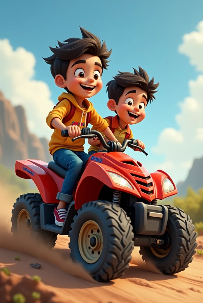 Boy name Harshit riding thaar 4 wheeler with his friend raman.he wrote his mother's name surbhi on his thaar 4 wheeler.