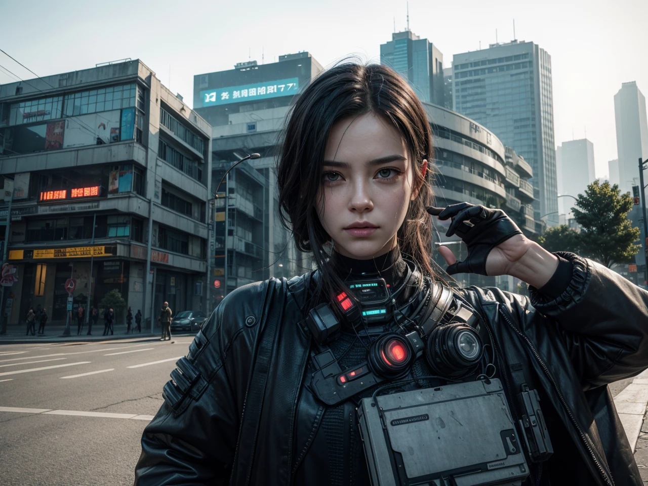 realistic cyberpunk, keep the faces faithful to the original photo, make a technological landscape