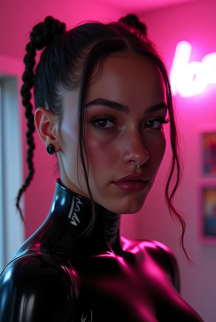 mixed race man, ambiguous gender, feminine looking man, no breats, young, naked, braided hair, septum piercing, dimples, dominant expression, black latex bodysuit, neon lights, close-up, UHD, retina, masterpiece, accurate, anatomically correct, textured skin, super detail, high details, high quality, award winning, best quality, highres
