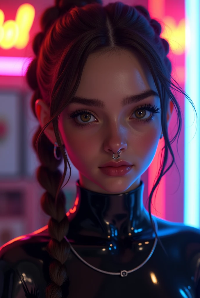 mixed race man, ambiguous gender, feminine looking man, no breats, young, naked, braided hair, septum piercing, dimples, dominant expression, black latex bodysuit, neon lights, close-up, UHD, retina, masterpiece, accurate, anatomically correct, textured skin, super detail, high details, high quality, award winning, best quality, highres
