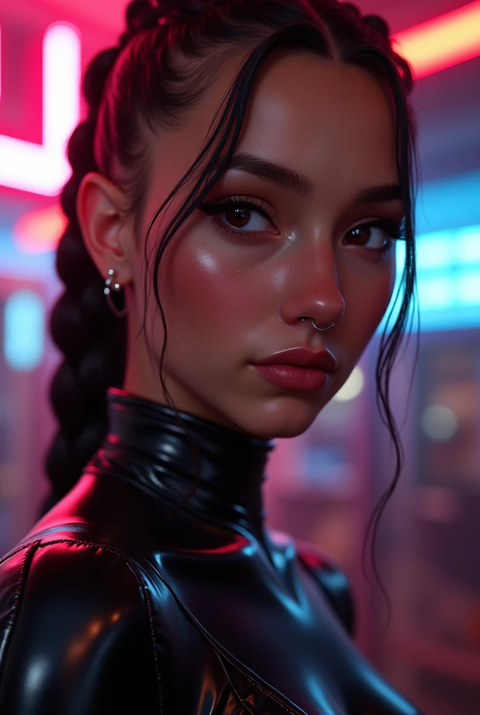 mixed race man, ambiguous gender, feminine looking man, no breats, young, naked, braided hair, septum piercing, dimples, dominant expression, black latex bodysuit, neon lights, close-up, UHD, retina, masterpiece, accurate, anatomically correct, textured skin, super detail, high details, high quality, award winning, best quality, highres
