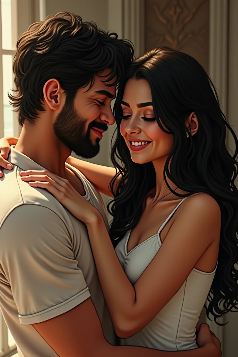 realisitic; Create a couple where the woman is being carried by the man style "bride", Both have white skin, black hair and both are smiling.