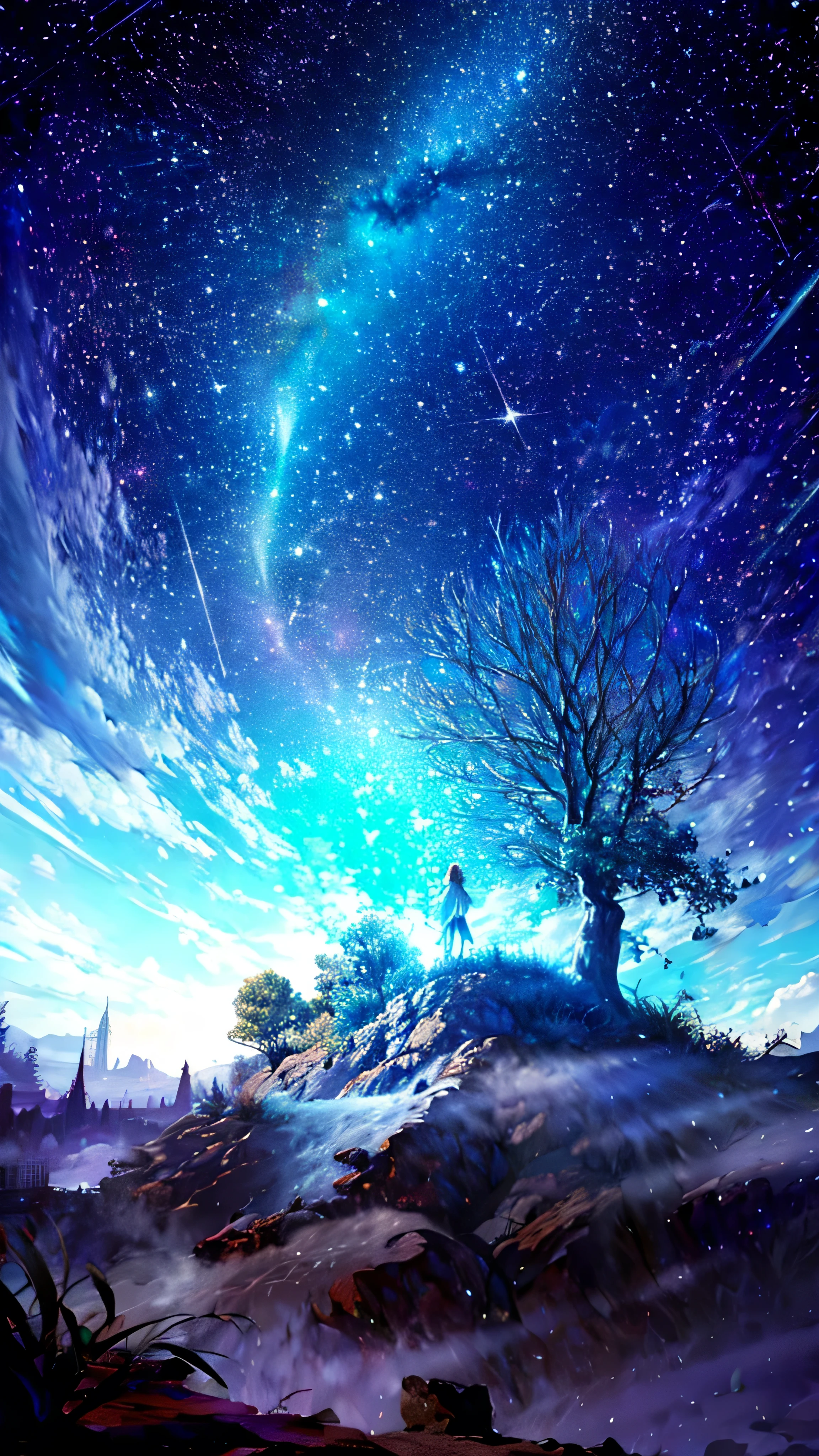 Scene 3: Dream Tree Description: In the center of the garden, Haya comes across a large, majestic tree with leaves that shine like stars... The tree has low branches, Perfect for a break. Haya is sitting on a branch, Watching the stars dancing in the night sky. The environment is calm、The soft light creates a halo around the tree.。.. Little magical creatures fly around, Add a touch of magic to your scene.masterpiece,best quality,ultra detailed,high-resolution,8k portrait,unity 8k wallpaper,extremely detailed CG unity 8k wallpaper,mysterious,Fantasy,emotional