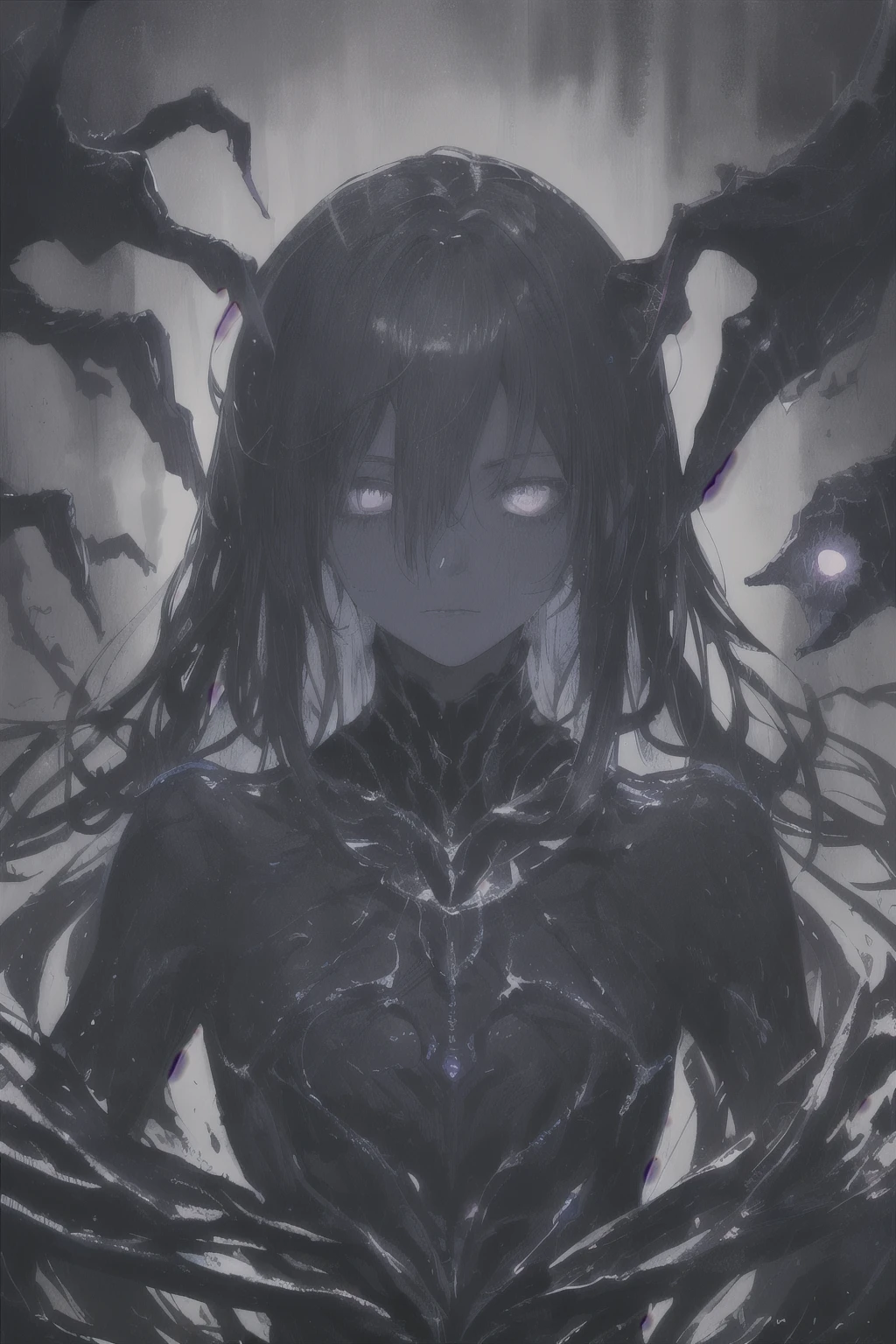 1girl, empty eyes, black suit, body suit, corruption, long hair,