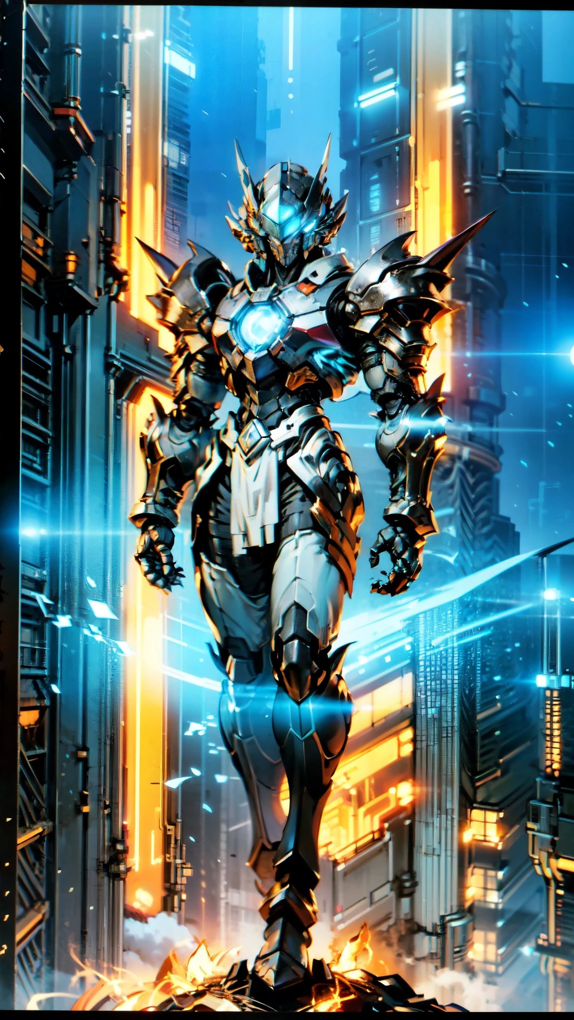 (masterpiece:1.5, best quality:1.5, extremely delicate:1.5), a man wearing a full-face helmet, a fantasy-style biotech armored combat suit, green eyes, (a composite layered chest armor), fully enclosed shoulder guards, matching arm and leg guards, belt of Neon circuit, (the color scheme is primarily blue with red and black accents), the design balances heavy with agility, a high-tech bio-mecha armor, (Armor Concept Inspired by neon Cyberpunk, stand on the top of a skyscraper in a futuristic sci-fi city), this character embodies a finely crafted fantasy-surreal style armored hero in anime style, exquisite and mature manga art style, (element, plasma, energy, the armor glows), ((male:1.5)), metallic, high definition, highres, ultra-detailed, ultra-fine painting, professional, perfect body proportions, golden ratio, anatomically correct, symmetrical face, extremely detailed eyes and face, high quality eyes, creativity, RAW photo, UHD, 32k, Natural light, cinematic lighting, masterpiece-anatomy-perfect