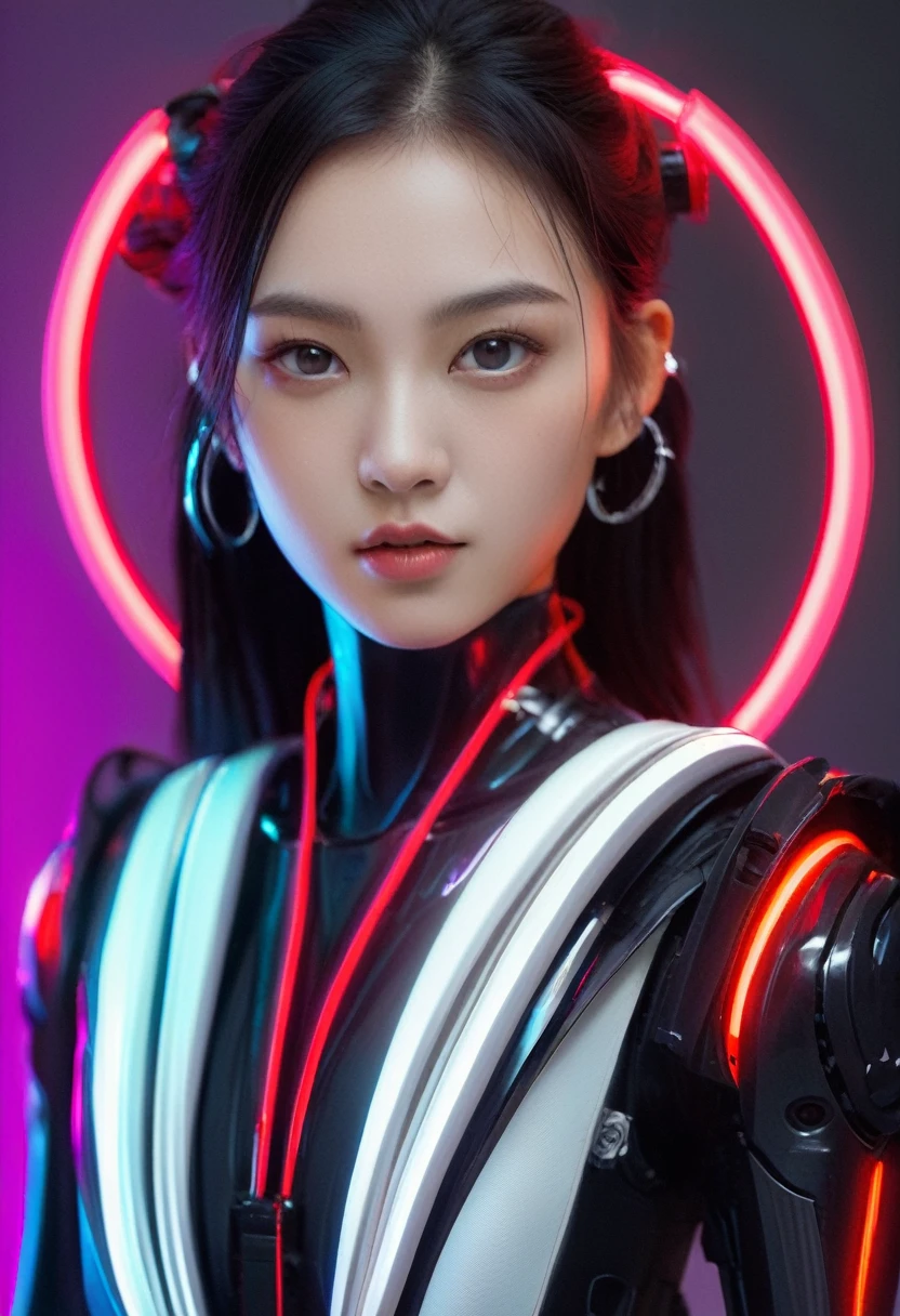 xxmixgirl. Highly detailed professional 35mm film, bokeh, face in sharp focus. A robotic female, Miku, with ((metal skin)), ((perfect Asian eyes)) with magenta irises and ((black pupils)), beautiful serious (detailed face), 18 year old ((photorealistic face)), very long magenta twin tails of magenta hair, twin black hair ties with a single red stripe. She may have a black audio headpiece. We can see her ((full body)) down to her boot soles. Her outfit is a sleeveless collared light grey shirt, outlined in red around the frilled collar and hems. Shiny reflective ((metallic breast cups, dimpleless)), invisible nipples. She wears black sleeves with red hems that start around her upper arm and bellow out as the sleeves open and extend to her wrists, with wide trumpet red rimmed cuffs. She has perfect robotic (detailed hands). She wears a red colored tie with two horizontal solid parallel black lines halfway across. She wears a fabric black skirt with a horizontal red hem at the bottom all the way around; her (((black skirt wraps around her))) and ((her skirt completely covers)) her robotic waist and thighs. Tall black boots with red bottom soles, a red rim around the top at her thighs. Her mechanical shoulder joints are visible. We can see her robotic legs and robotic neck. Half of her is covered with shiny polished machinery. The background is a distant dark neon futuristic Japanese city, gold, cyan, violet neon, near harbor or mountains.