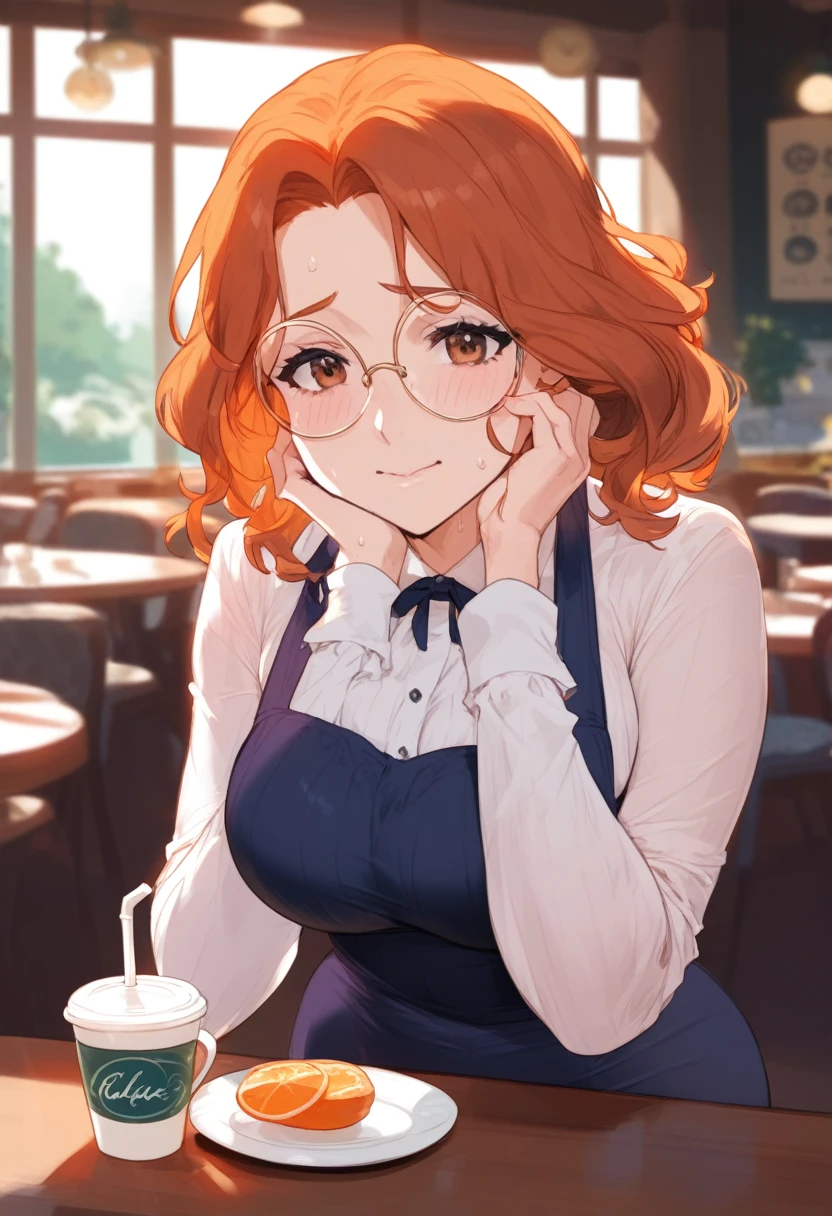 Adult, female, mature, androgenous, neck-length orange hair, messy orange hair, orange hair,  perfect brown eyes, perfect brown irises, slim figure, panicking, cafe, shy, anxious, nervous, round glasses, Masterpiece, Anatomically Correct, Accurate, Best Quality, Detail, High Details, Quality, Super Detailed, High Quality, close up, holding 2 coffees cups, offering, sweat, in a cozy cafe, beautiful cafe, cottage cafe, looking at viewer, head down