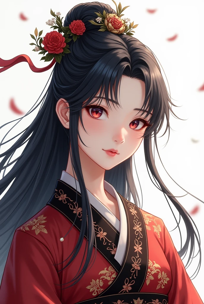 1 girl, woman, handsome, ink, Chinese armor, ((2.5D)), black hair, floating hair, delicate eyes, black and red antique damask Hanfu, fov, (f1.8), (masterpiece), (portrait shot), front shot, white background, (movie poster)
